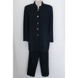 St. John Pants Suit Size 12 Black Santana Knit Gold Button Up Jacket 2-Piece Set